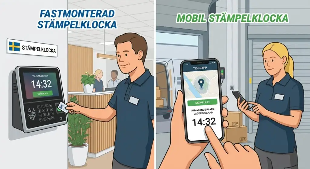 fastmonterad stämpelklocka vs. mobilstämpling