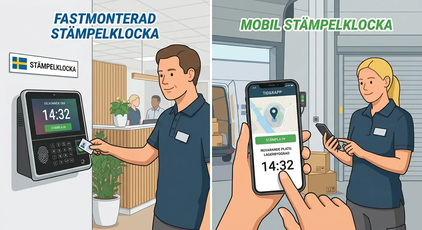 fastmonterad stämpelklocka vs. mobilstämpling