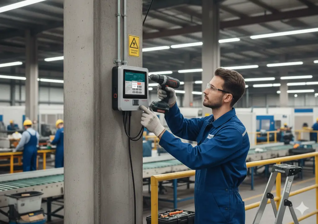 Servicetekniker tar hand om stämpelklockor på plats